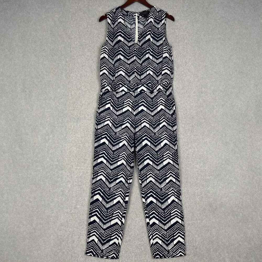 J. Crew Navy Blue White Cotton Linen Blend Sleeveless Jumpsuit Size 4